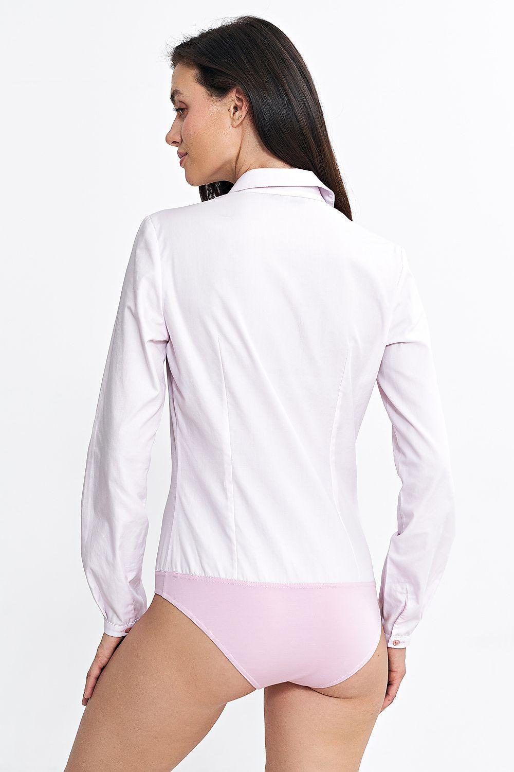 White long-sleeve shapewear bodysuit with pink high-cut back and button placket