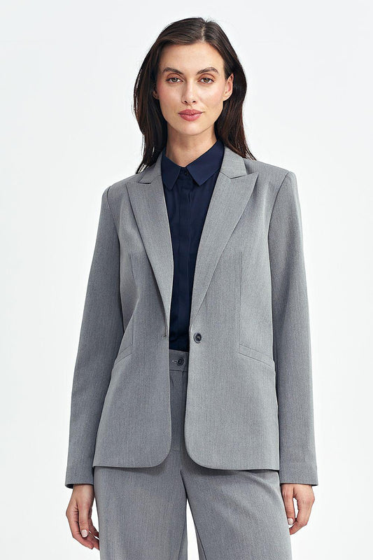 Grey fitted blazer with notched lapels, welt pockets, long sleeves