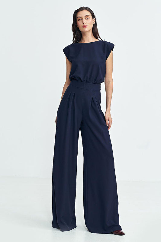Navy blue sleeveless wide-leg jumpsuit with gathered waist