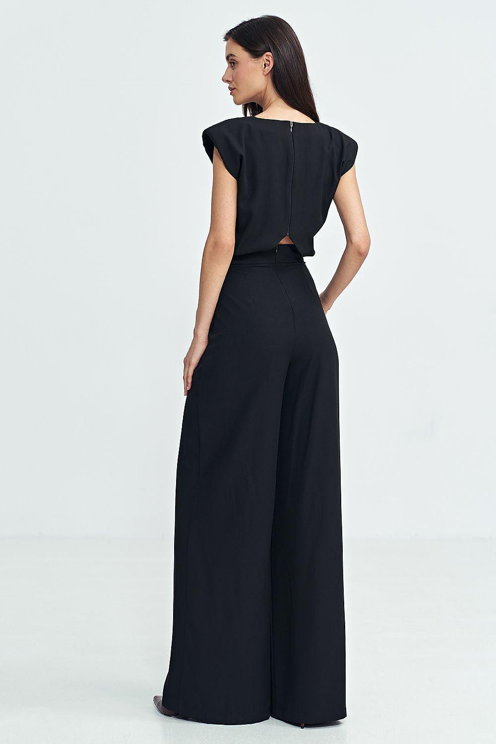 Black wide-leg jumpsuit, back view with gathered waist and cap sleeves, Nife