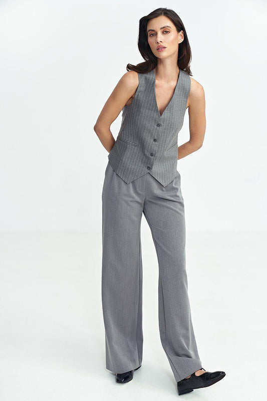 Grey pinstripe sleeveless gilet vest with V-neck, front buttons, and side pockets