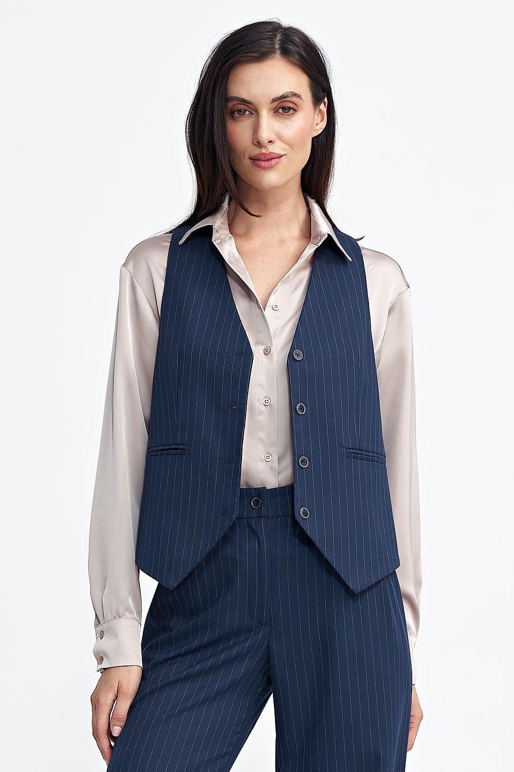 Women’s navy blue pinstripe gilet over a light shirt, V-neck button front