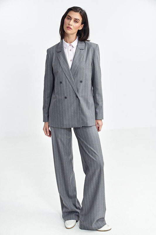 Grey pinstripe double-breasted blazer with notch lapels and matching wide-leg pants