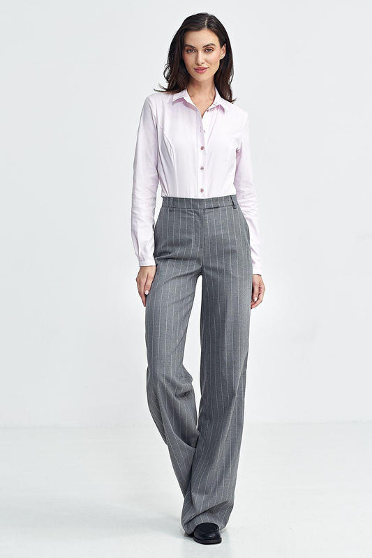 Nife high-waist bootcut trousers, dark grey pinstripe, side view with wide flares.