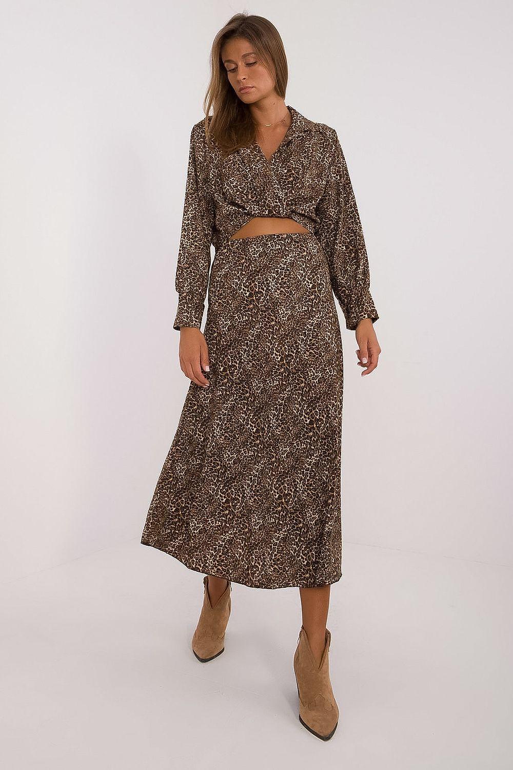 Animal print set with long-sleeve V-neck blouse and matching midi skirt, dark beige-brown