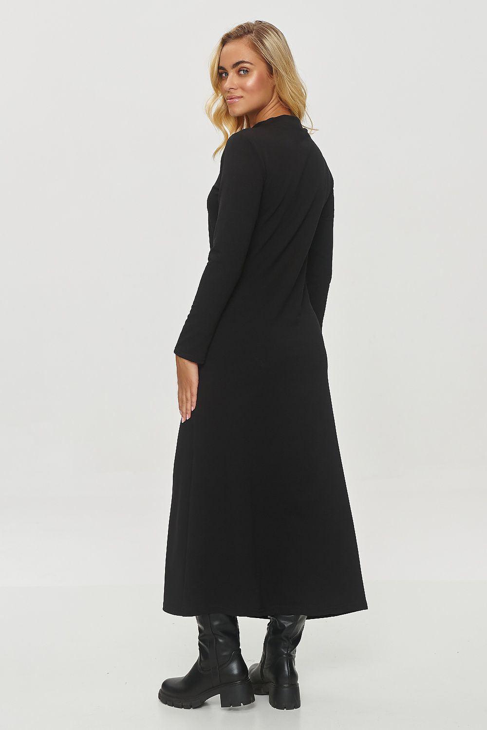 Black draped midi daydress with side drape, long sleeves