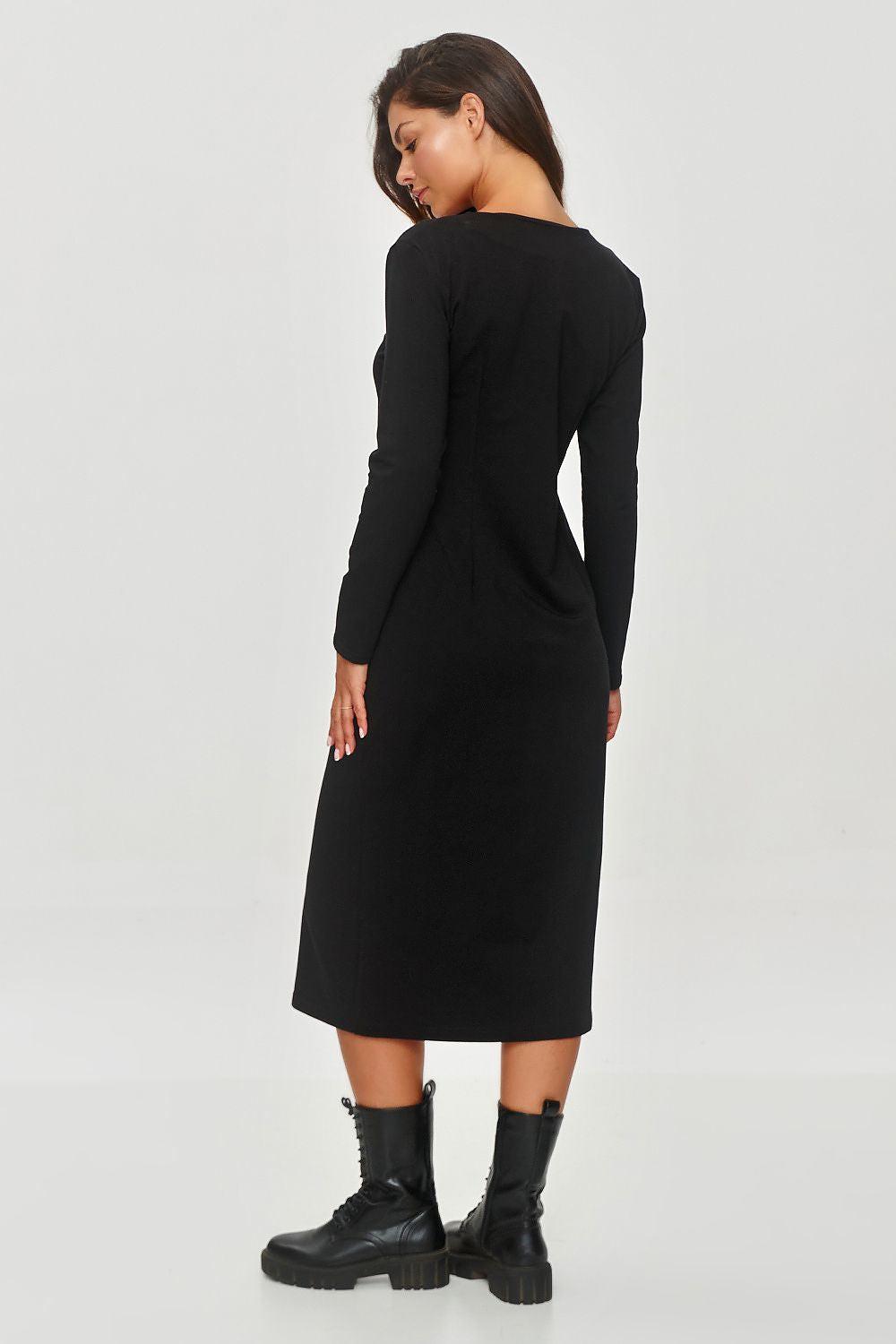 Black soft knit midi daydress with long sleeves and V-neck (back view)