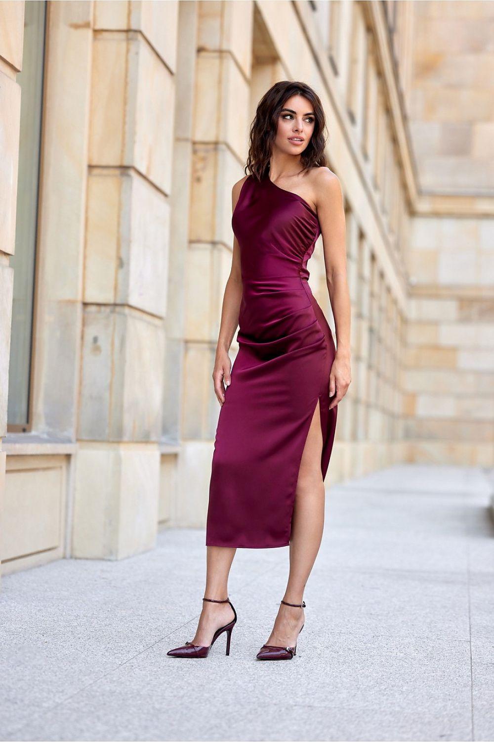 Burgundy one-shoulder satin midi dress with gathered waist and side slit