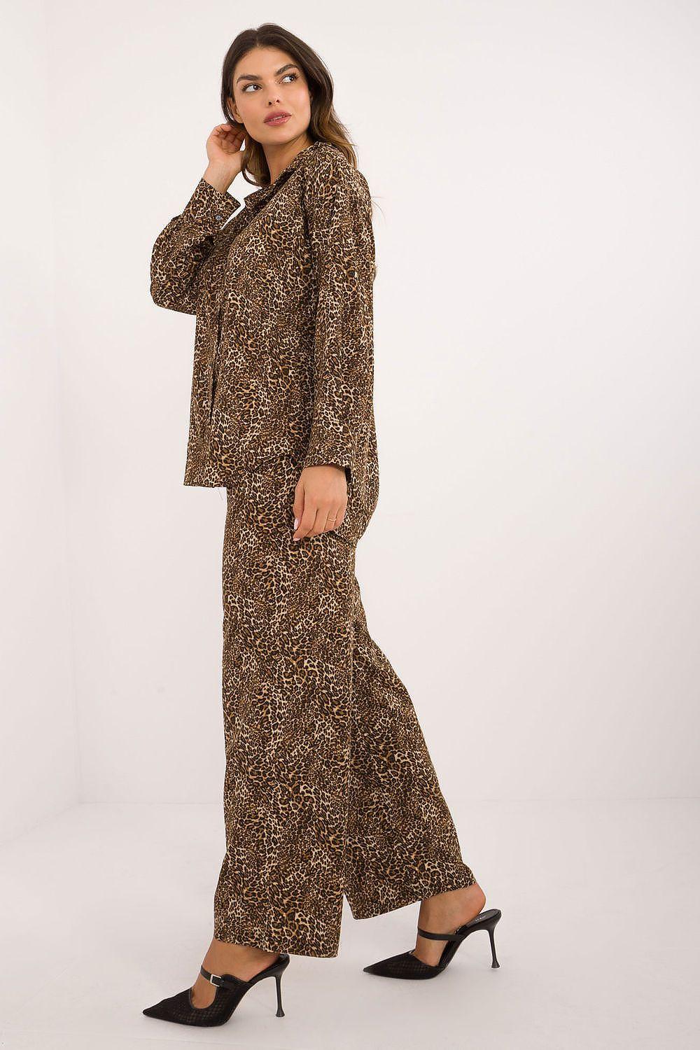 Animal print set with high-waist wide-leg pants and long-sleeve blouse, brown speckle