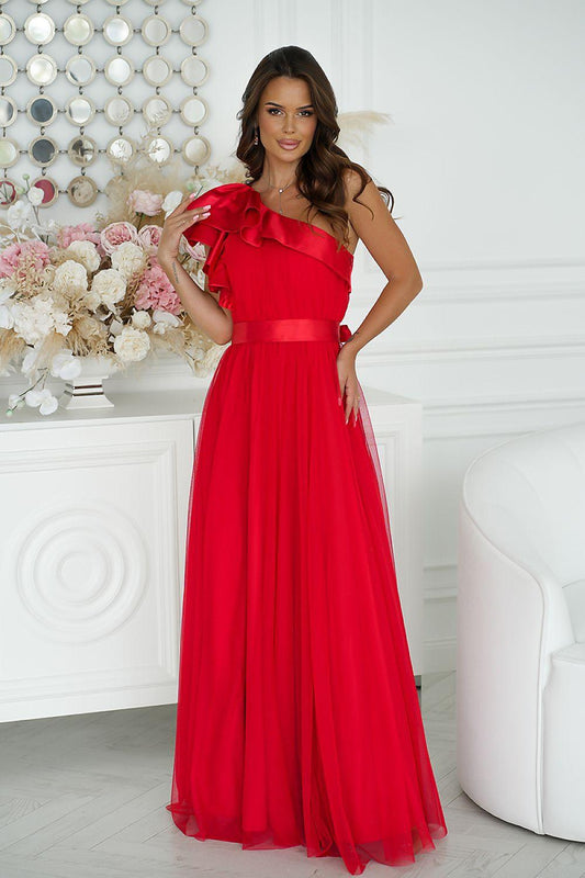 Red one-shoulder maxi dress with ruffled shoulder and belted waist with pleated skirt