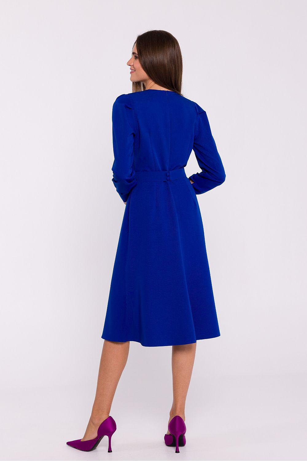 Blue women’s day dress, back view: long sleeves, waist belt, midi A-line skirt