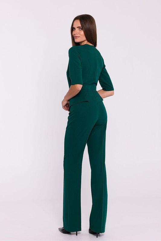 Green V-neck 3/4-sleeve pantsuit shown from back with wide-leg trousers