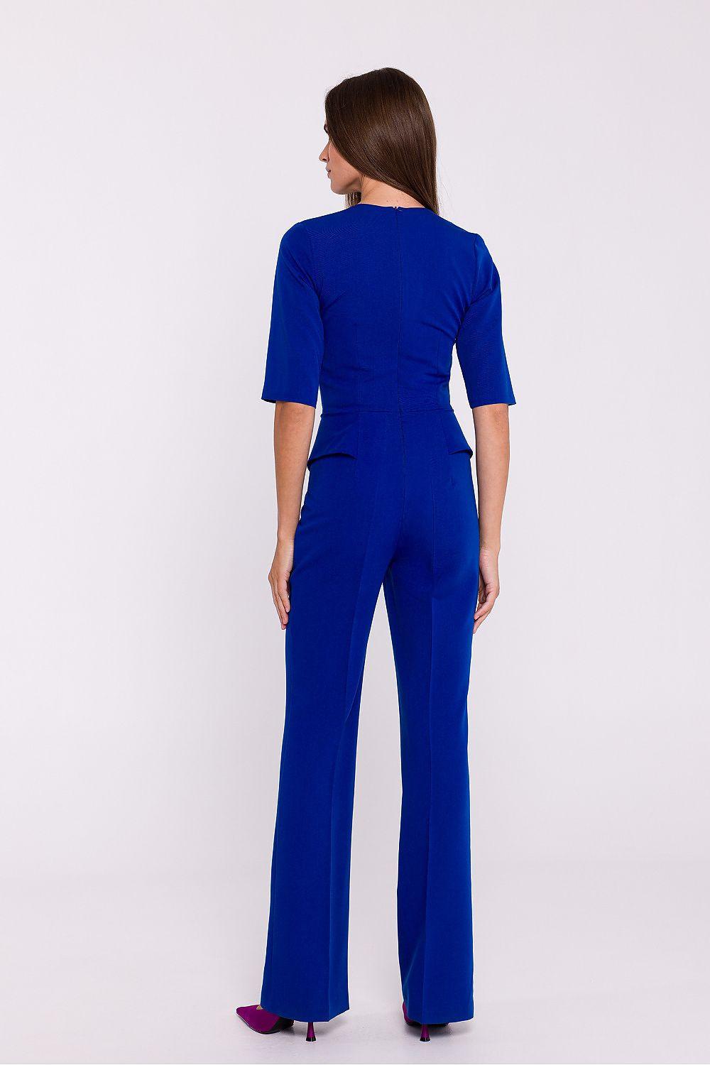 V-neck jumpsuit in royal blue with 3/4 sleeves and wide-leg pants, back view