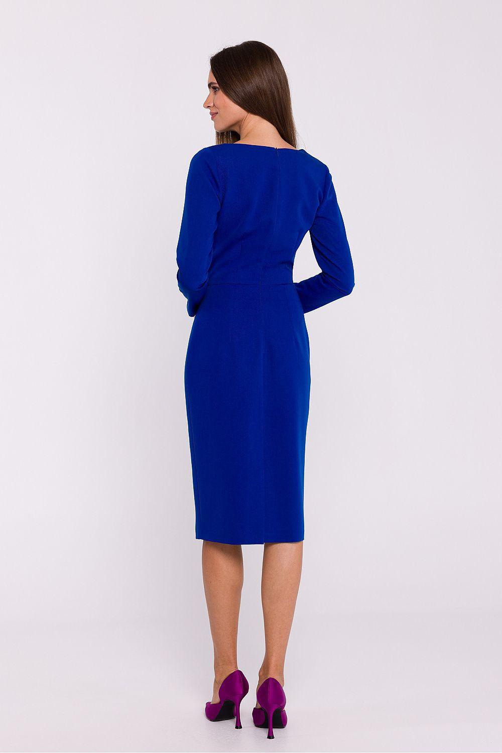 Day dress by Stylove, blue long-sleeve fitted sheath, back view