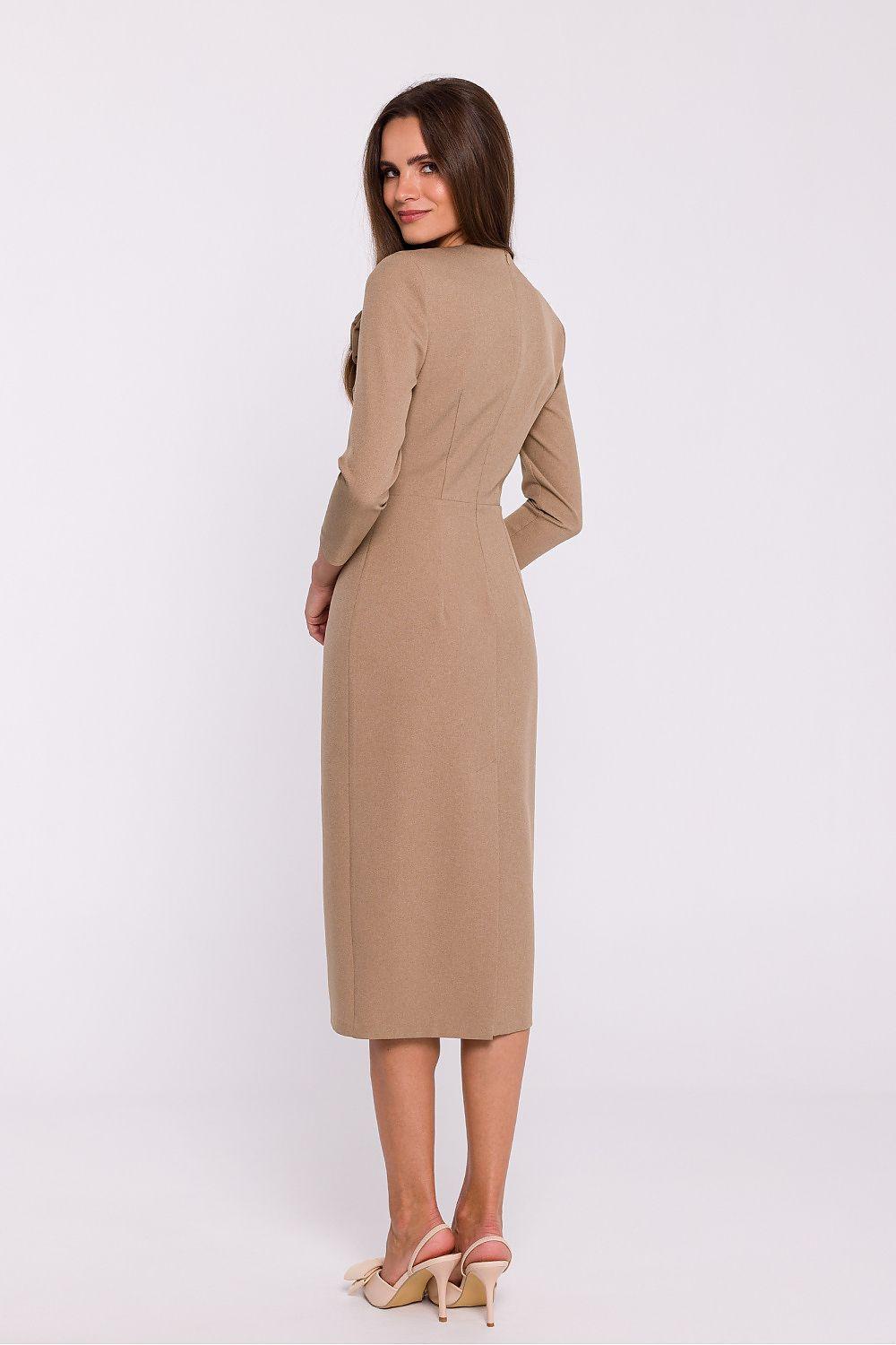 Beige long-sleeve midi day dress with back yoke seams and slit hem