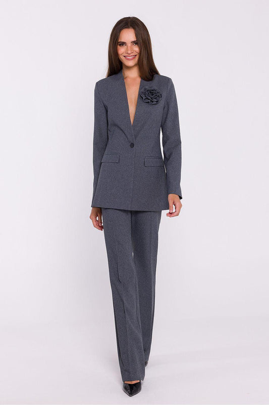 Dark grey slim-fit blazer jacket with V-neck, flap pockets, and rosette detail