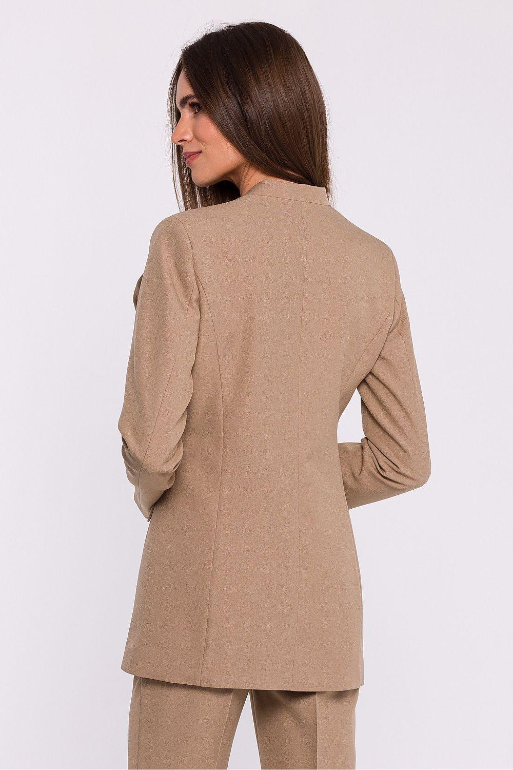 Beige slim fit blazer jacket, back view with long sleeves and shoulder seams