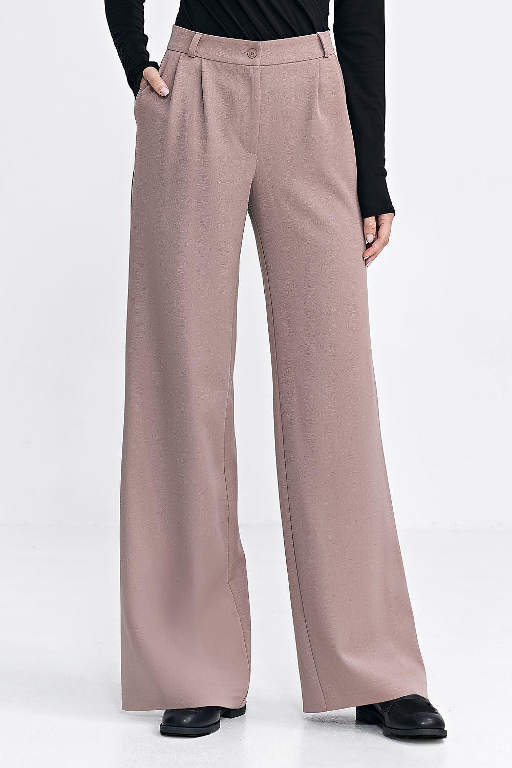 Wide-leg trousers, button front and belt loops, taupe
