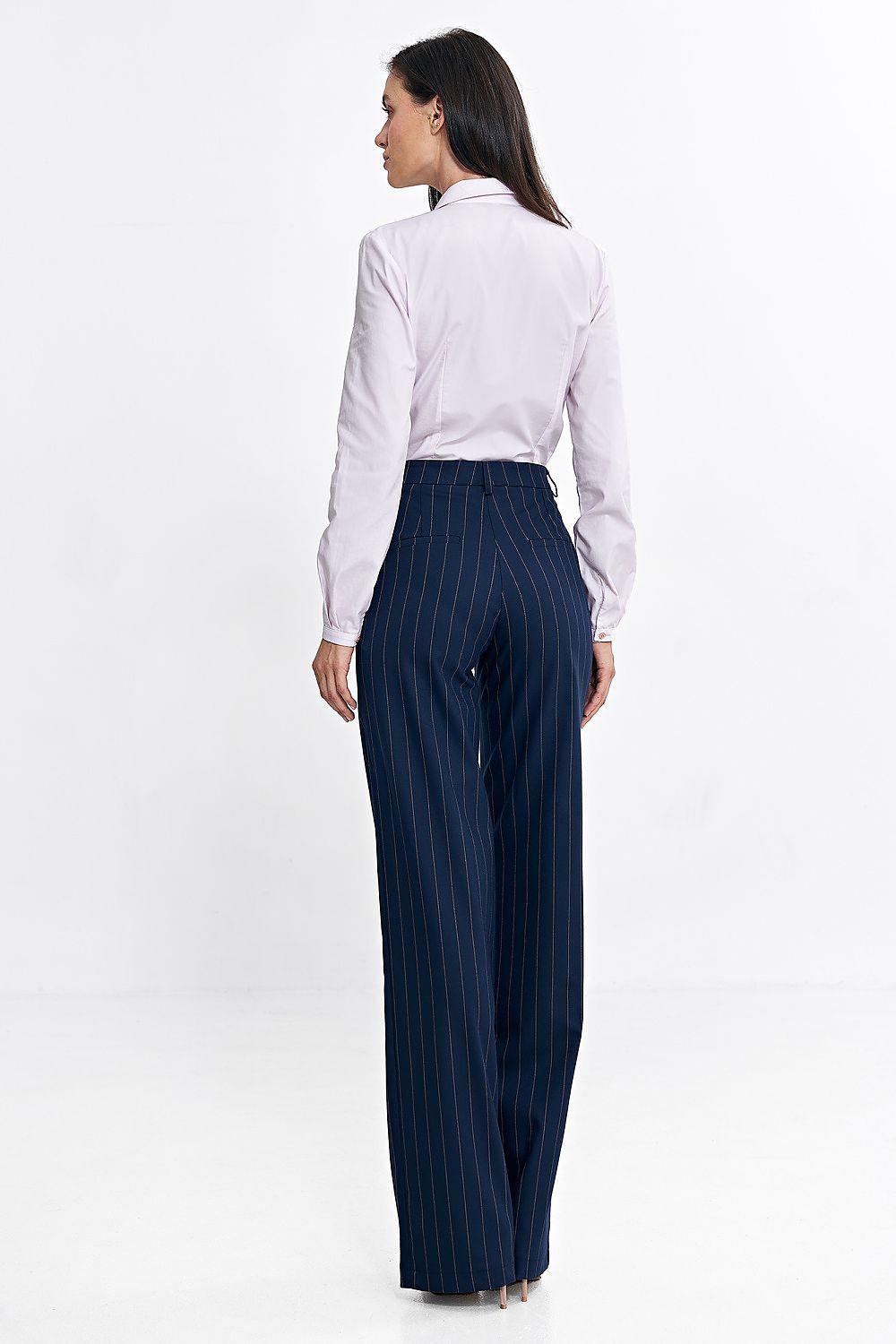 High-waist pinstripe bootcut trousers, navy blue; back view with wide straight legs