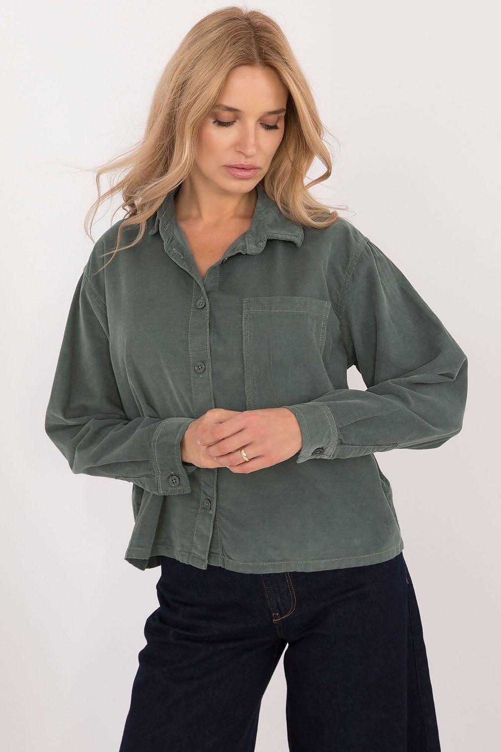 Dark green long-sleeve button-up shirt with collar and chest pocket, front close-up