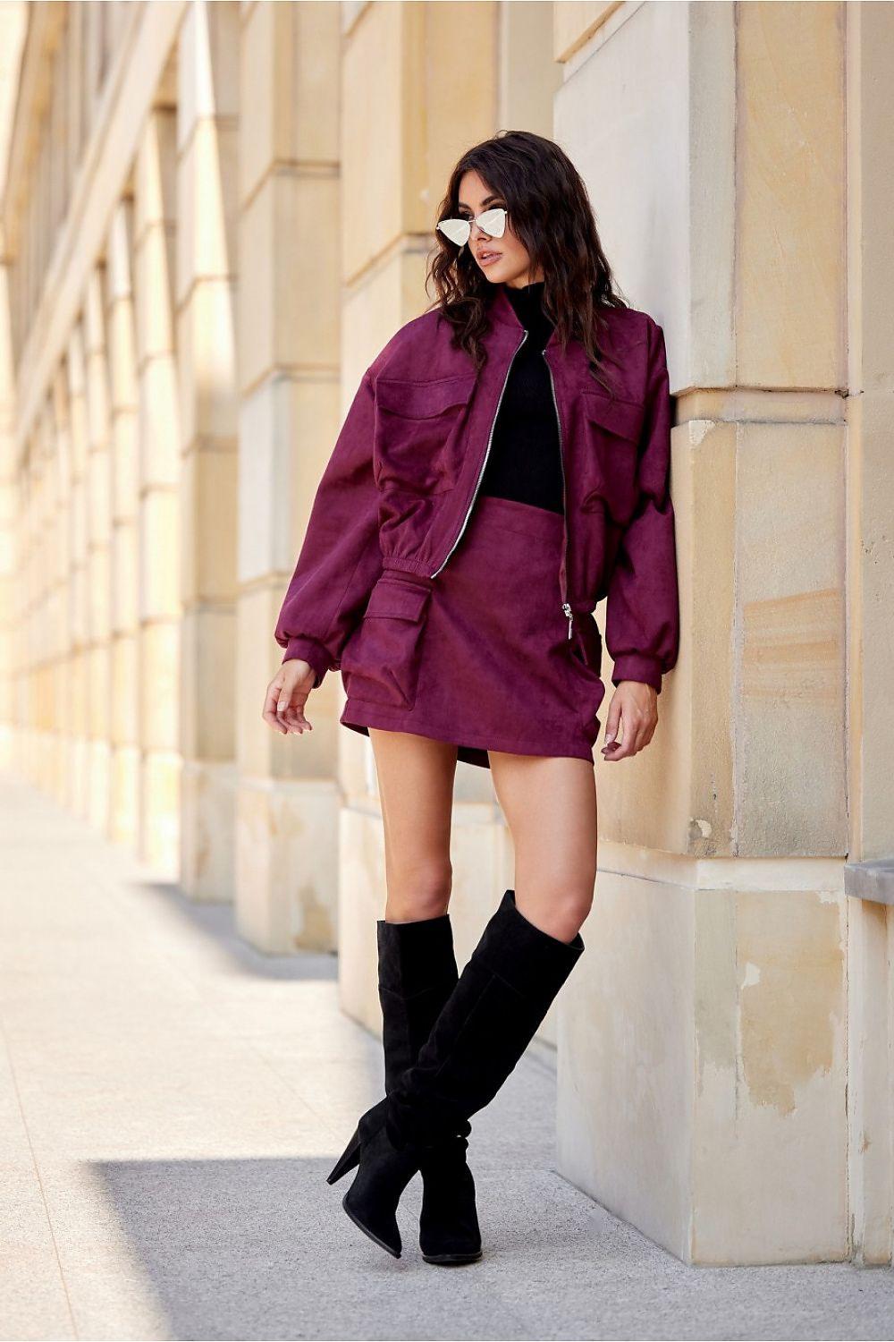 Purple suede mini skirt with cargo pockets and side flap detailing