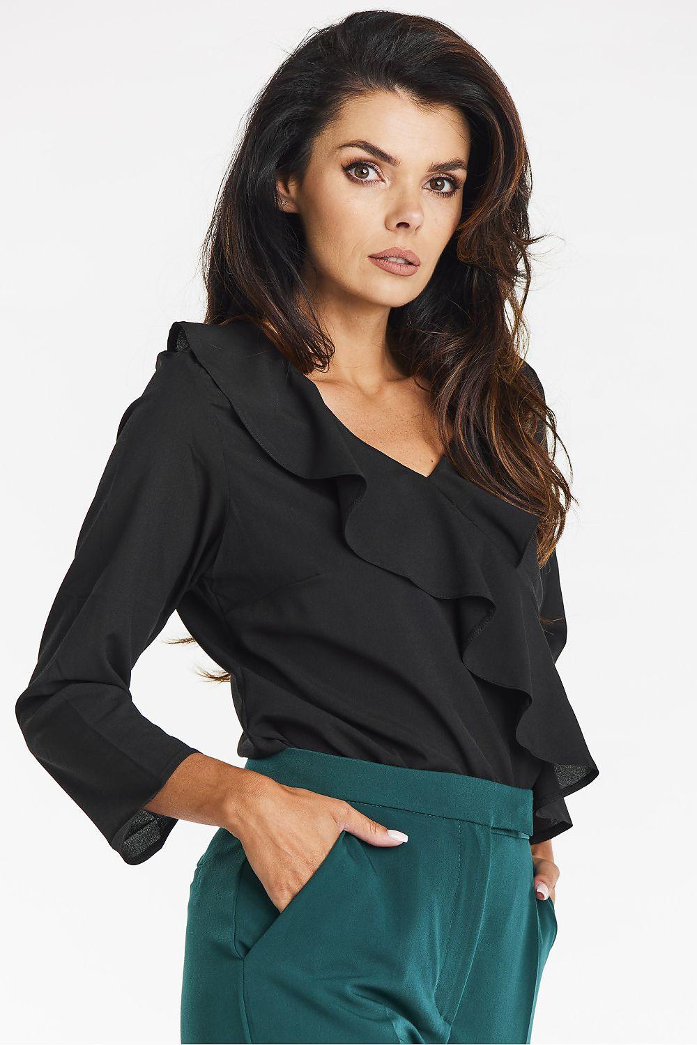 Awama black ruffle-front blouse with V-neck and 3/4 sleeves, angled front