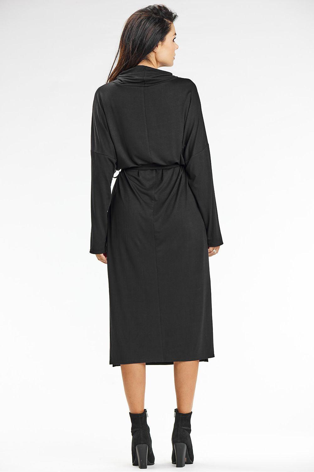 Awama black long-sleeve midi daydress with tie belt, back view
