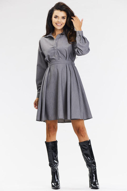 Grey button-front daydress with long sleeves and gathered waist