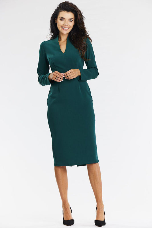 Green long-sleeve V-neck midi daydress, tailored pencil silhouette
