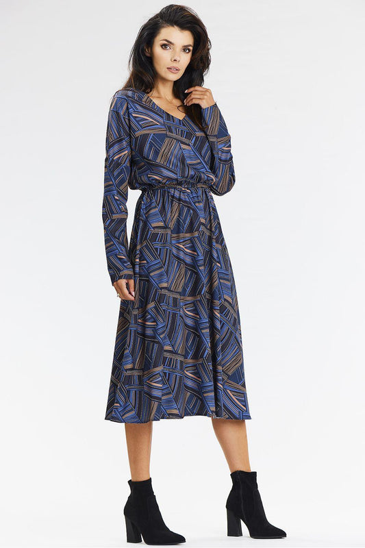 Navy blue geometric midi daydress with 3/4 sleeves and tie waist