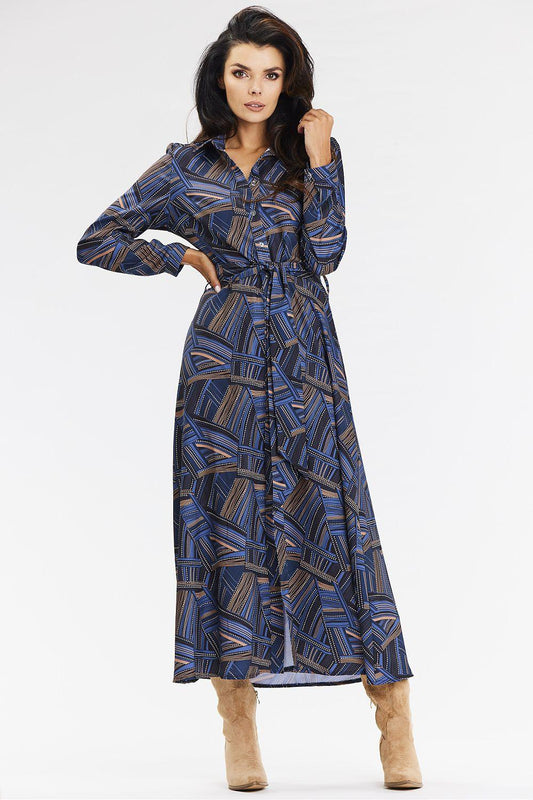 Awama navy-blue patterned daydress with long sleeves and collared neckline, belted waist