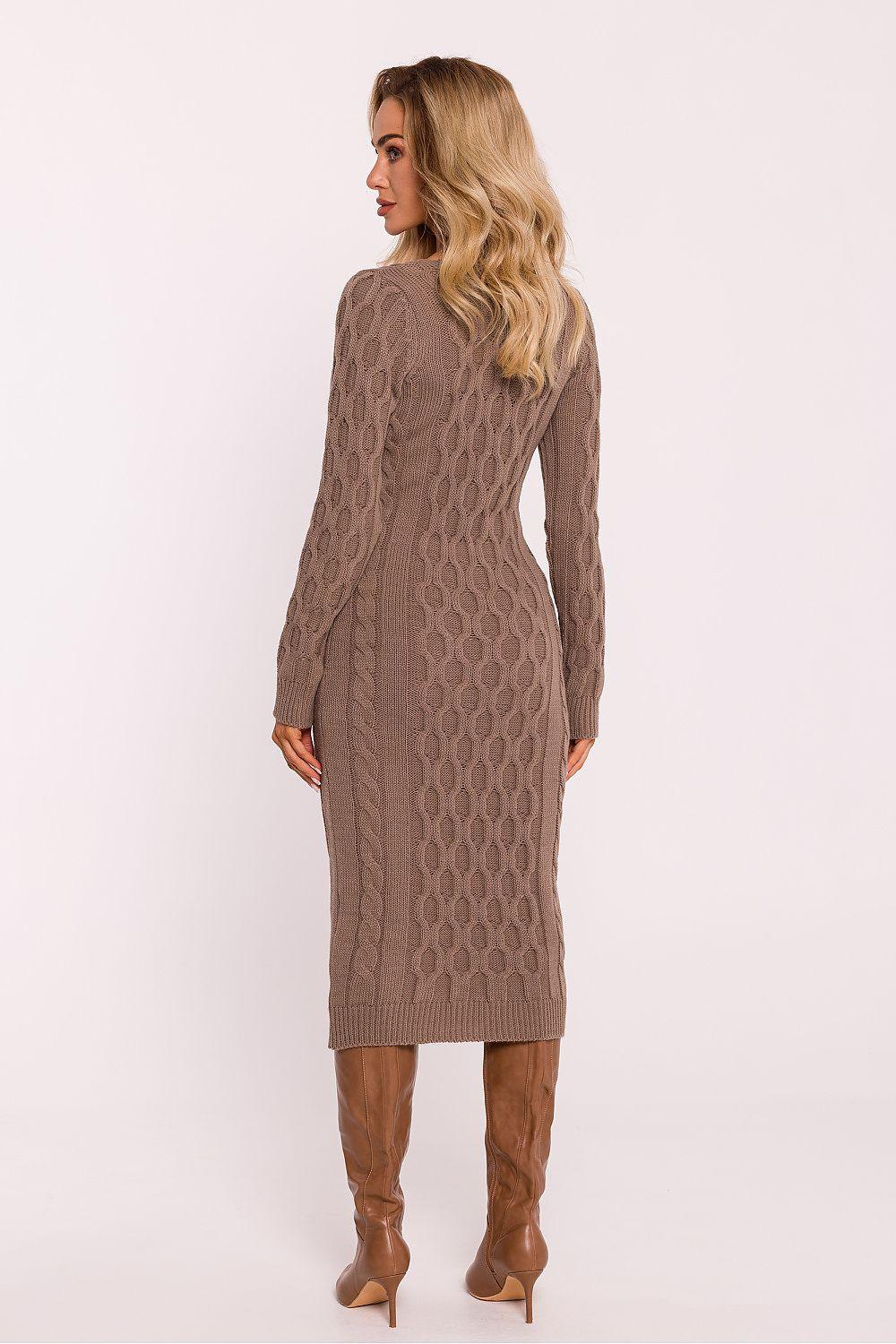 Moe daydress, taupe knit midi with long sleeves and fitted silhouette