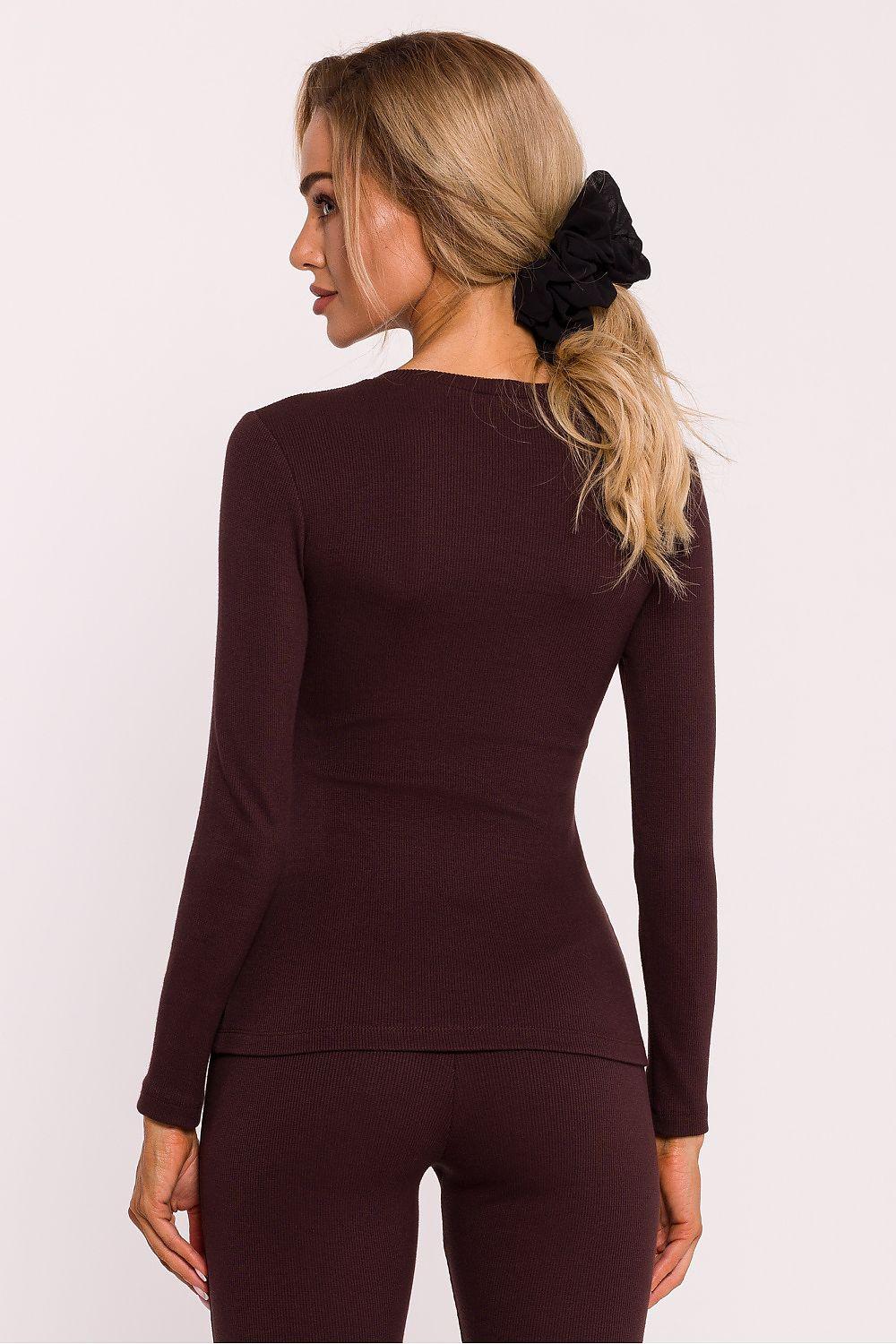 Burgundy long-sleeve blouse with crew neck and curved waist seam, back view