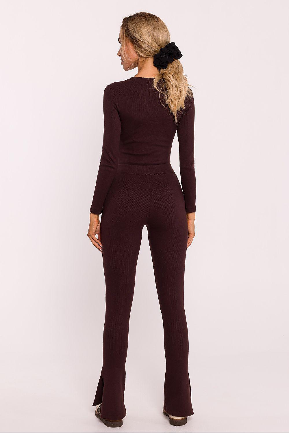 Brown flared ribbed cotton leggings with side slits on the lower legs