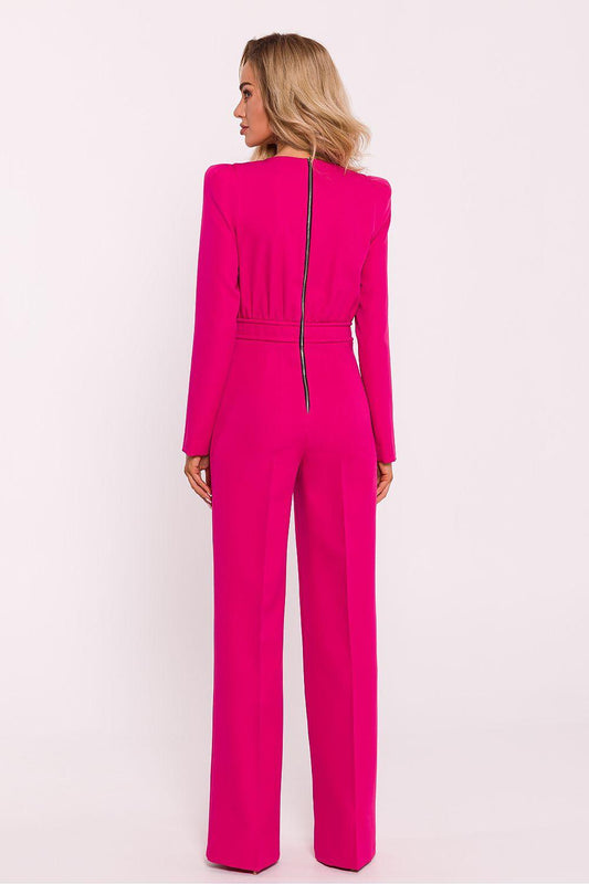 Pink long-sleeve jumpsuit shown from the back, with zip detail and wide legs.