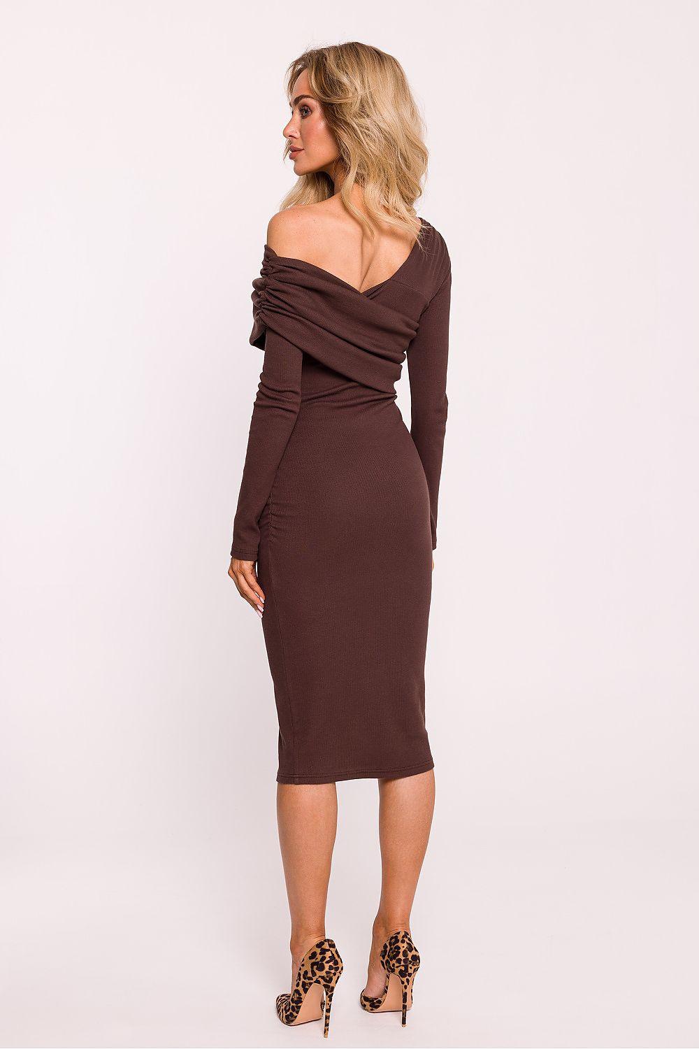 Moe draped off-shoulder daydress with long sleeves, knee-length brown, side view.