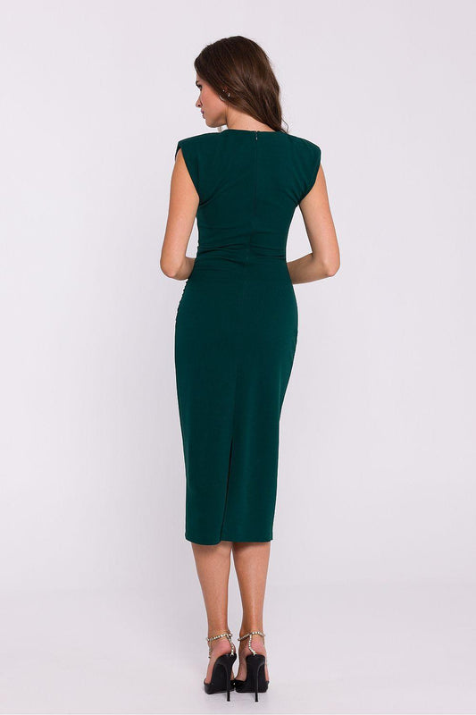 Green sleeveless midi day dress, back view, fitted sheath with round neckline