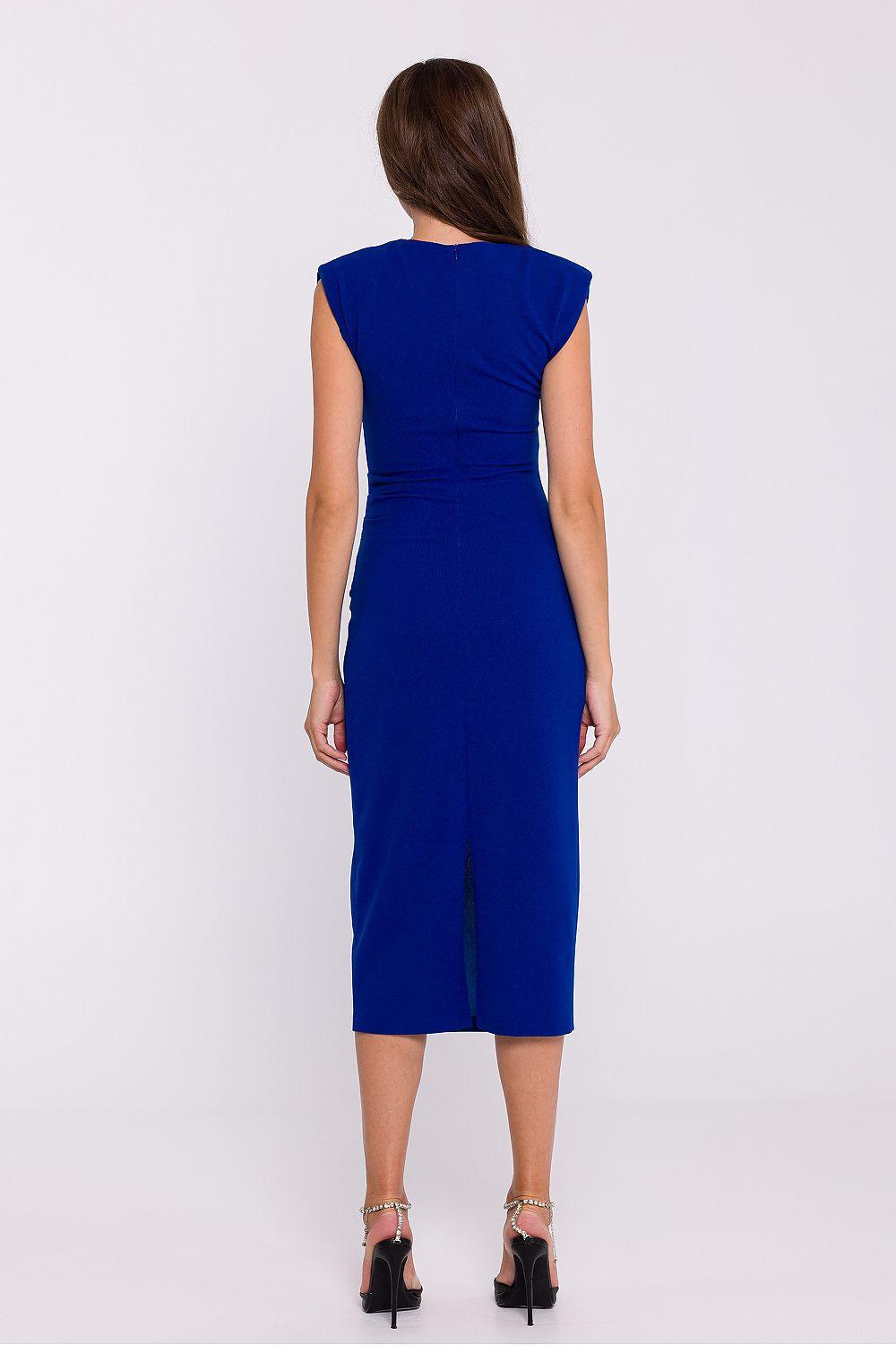 Blue sleeveless day dress, fitted midi pencil with crew neck, back view