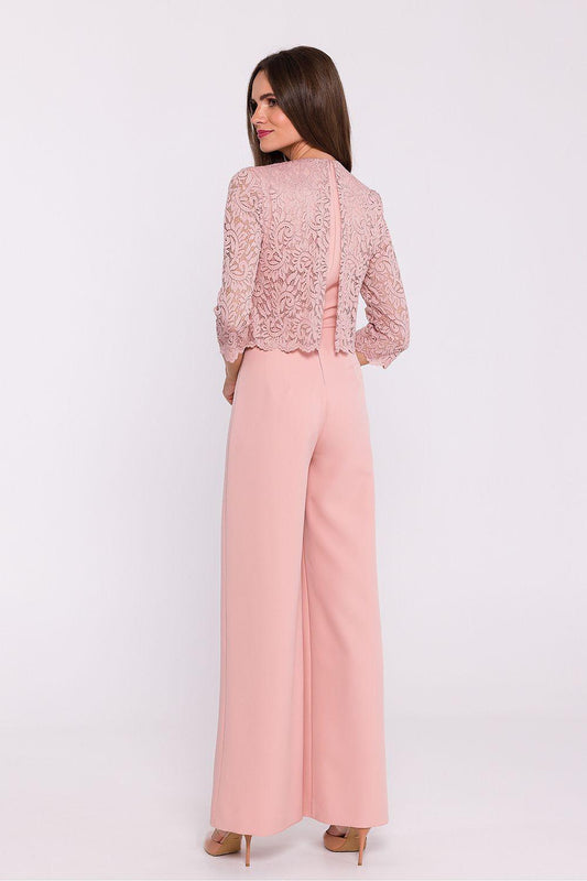 Women’s two-piece suit, back view: lace 3/4-sleeve top and wide-leg paler pink pants