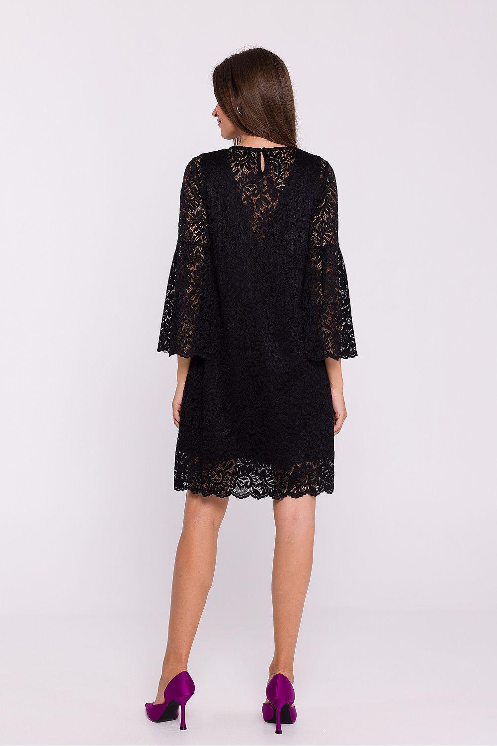 Black lace evening dress with 3/4 sleeves and scalloped hem, V-back detail