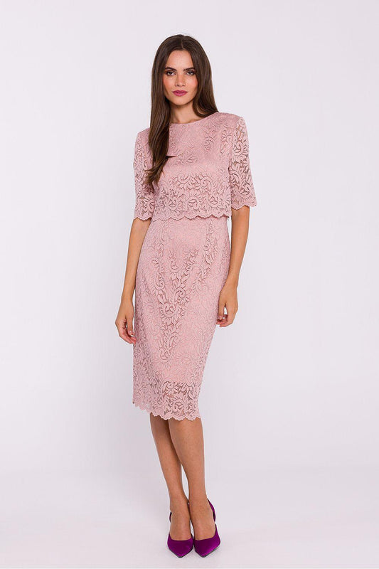 Pink lace midi evening dress with 3/4 sleeves and scalloped hem, fitted pencil silhouette.