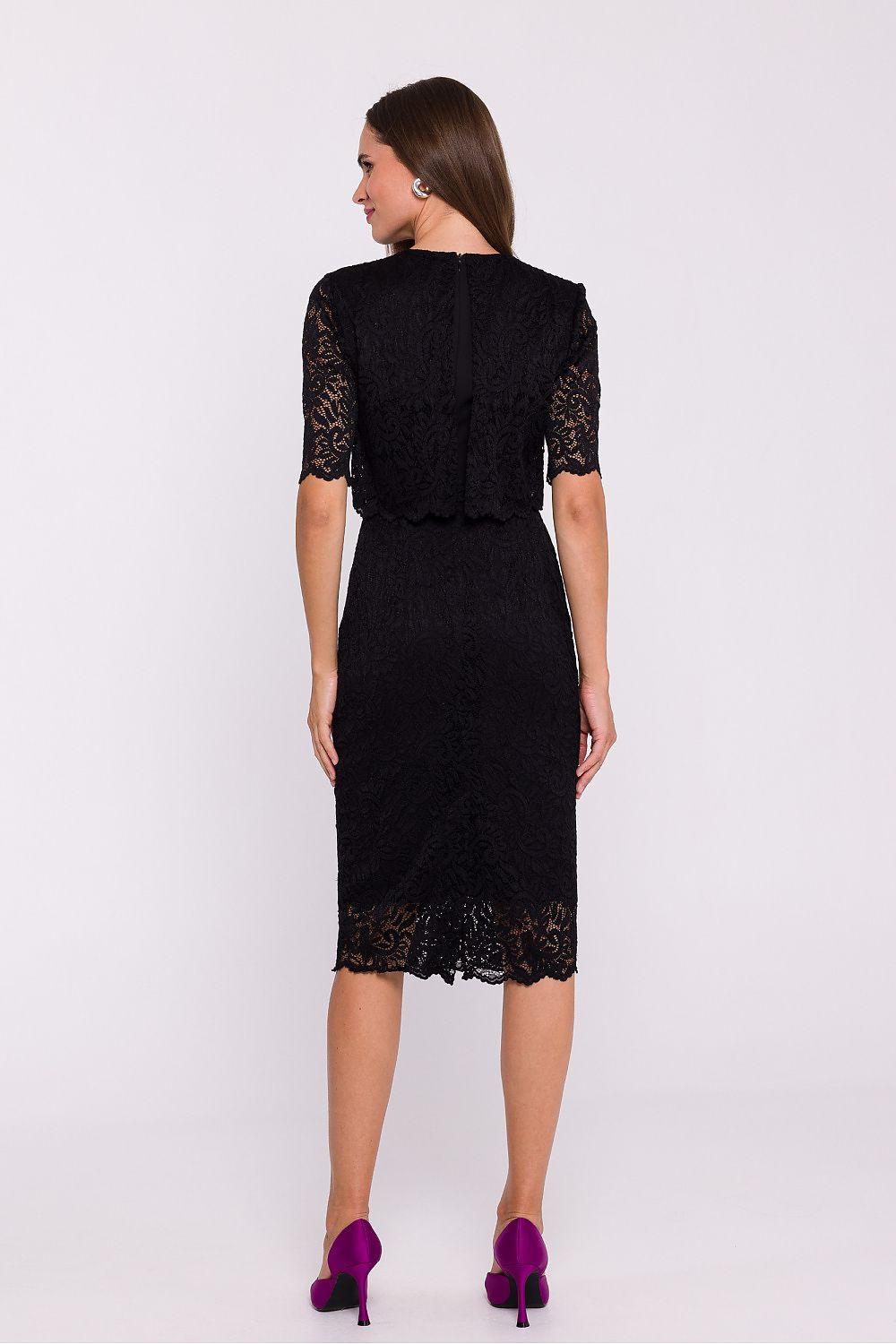 Black lace evening dress with 3/4 sleeves, fitted back view