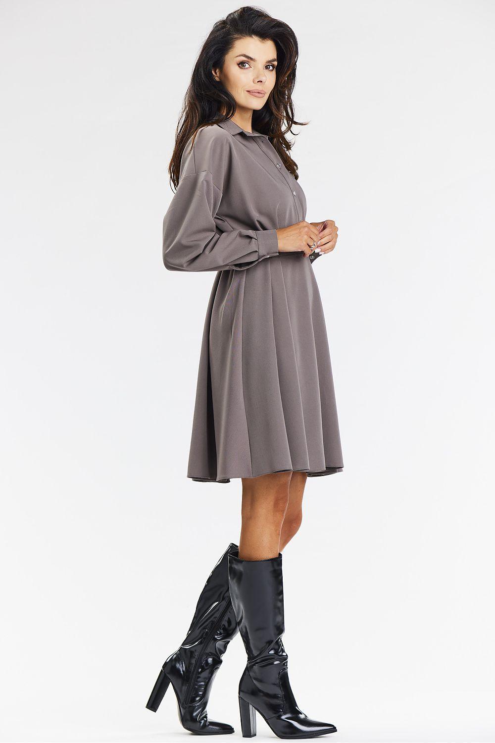 Grey long-sleeve daydress with collar and button front, gathered waist