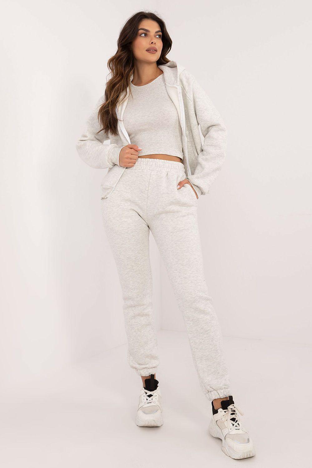 Women’s melange sweatshirt set in light grey: cropped hoodie and jogger pants