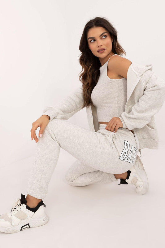 Light grey sleeveless crop top with zip hoodie and matching jogger pants set