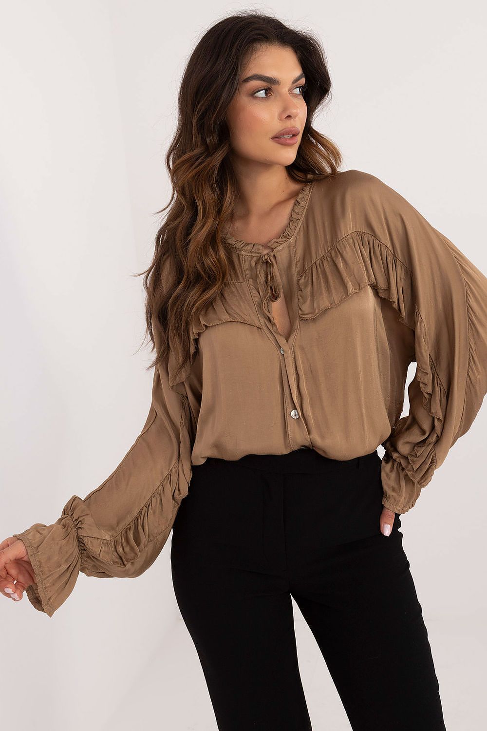 Brown ruffled long-sleeve viscose shirt with button front and gathered neckline