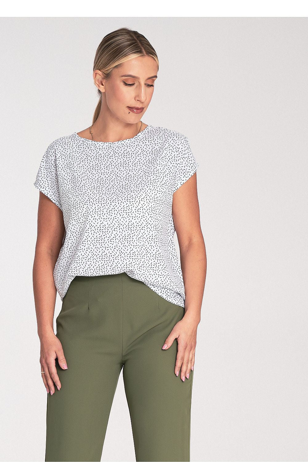 Speckled short-sleeve blouse, crew neck, light gray with dark flecks