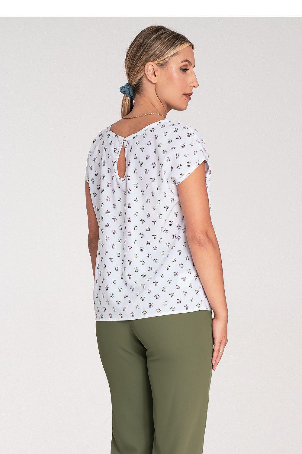 Women’s blouse back, white with tiny dark motifs, keyhole opening; blue tie detail