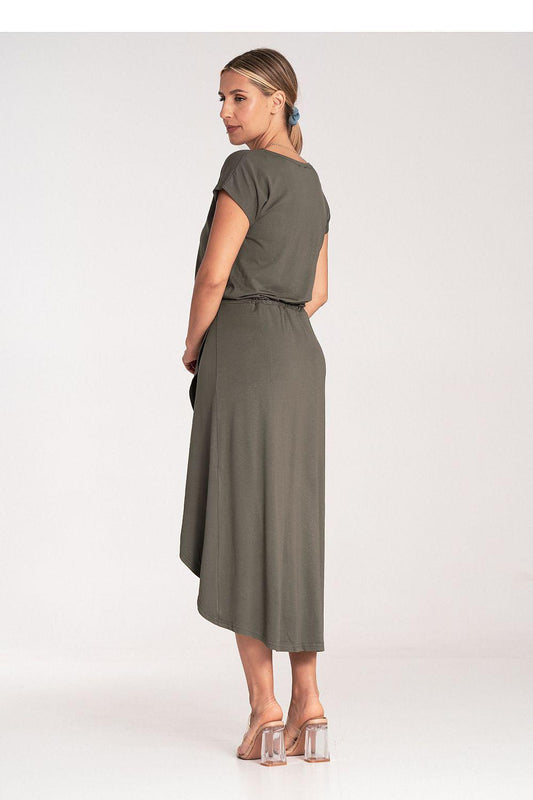 Figl daydress in dark olive, short sleeves, tied waist, asymmetrical midi length