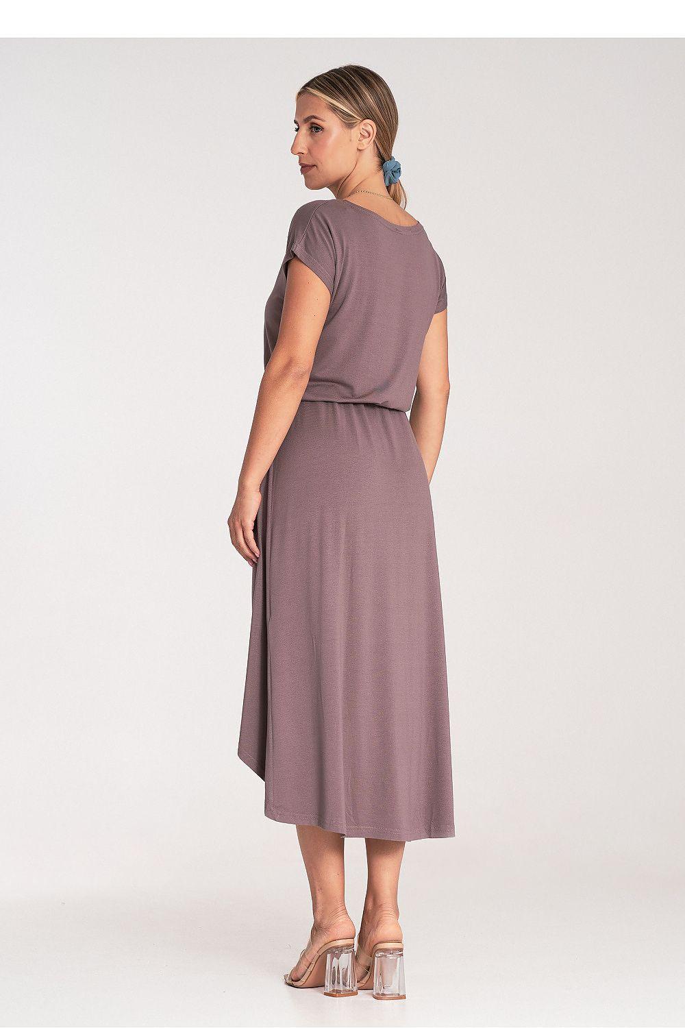 Figl daydress in mauve with short sleeves, tied waist, asymmetric midi skirt hem.